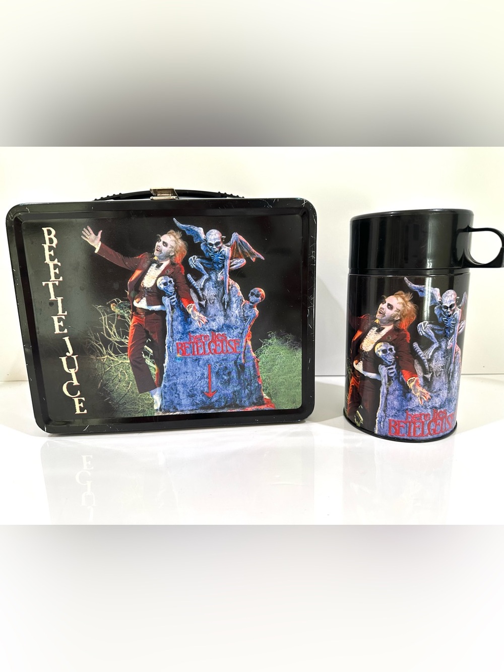 Vintage Rare Black 2001 Neca BEETLEJUICE Metal Lunch Box With Thermos